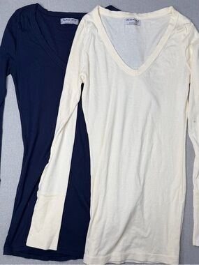 Michael Stars V-Neck Long Sleeve Top Bundle Navy & Cream 8731 Supima Cotton OS